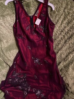 Burgundy Sequin Embellished Slip Dress